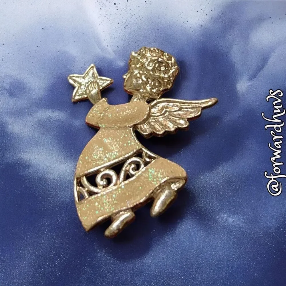 Sparkling Silvertone Angel Brooch with Enamel Dress